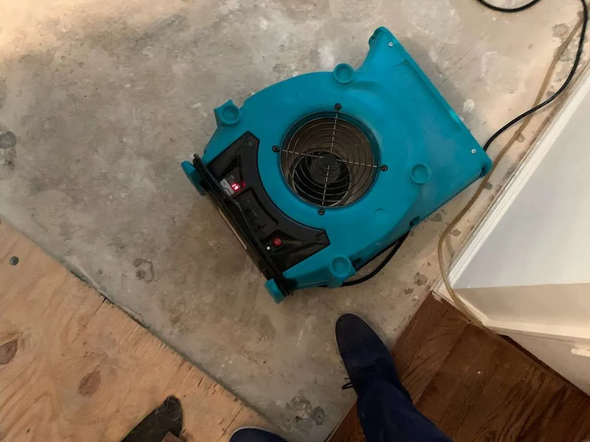 Air mover drying subfloor during Leak Detection & Repair in Harris